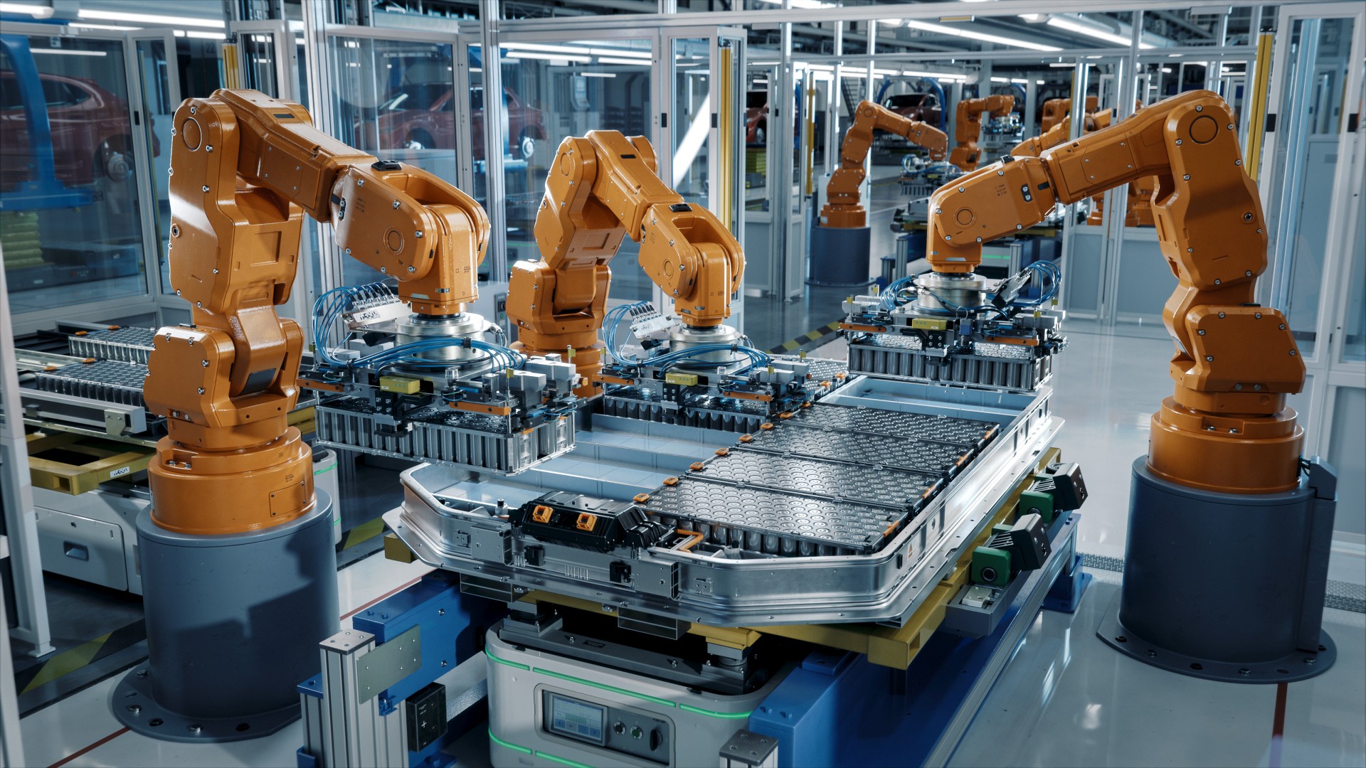Advanced Orange Industrial Robot Arms Assemble EV Battery Pack on Automated Production Line. Row of Robotic Arms inside Automotive Plant Assemble Batteries. Modern Electric Car Smart Factory. Sale-and-Lease-back